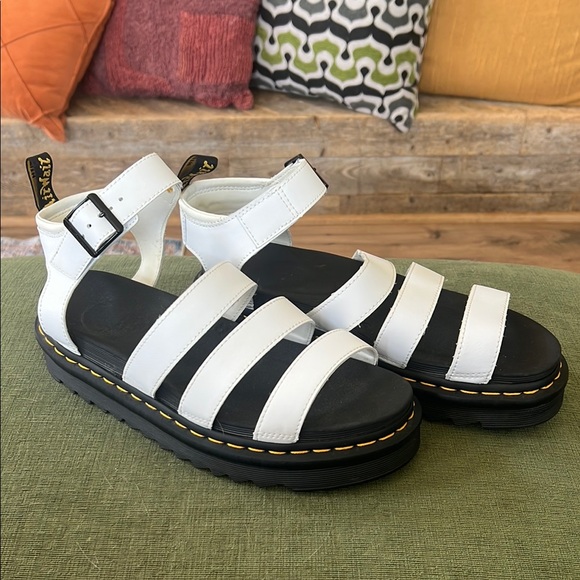 Dr. Martens Shoes - White Strappy Blair Dr Martens Platform Sandals with Black Soles